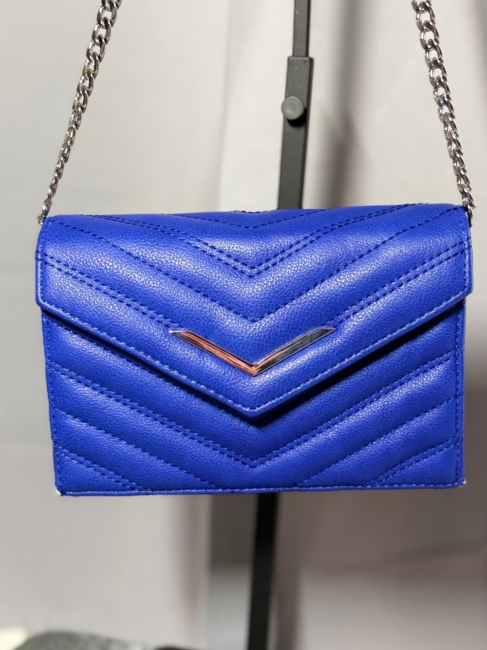 Blue Quilted Chevron Chain Crossbody Bag